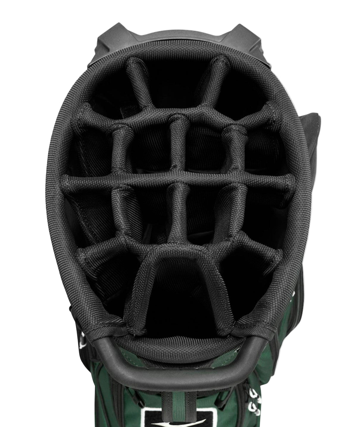 Close-up of a golf bag with multiple compartments on a white background