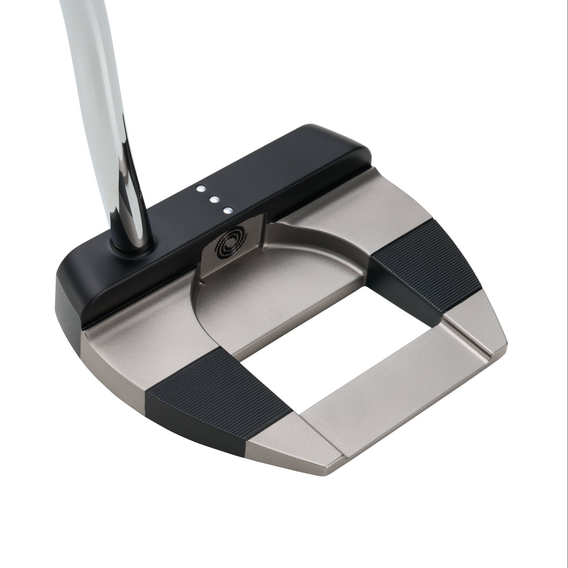 Golf putter with black and silver design on a white background