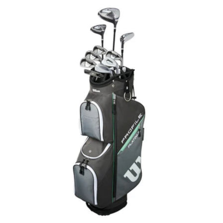 Golf club set in a black and gray bag on a white background