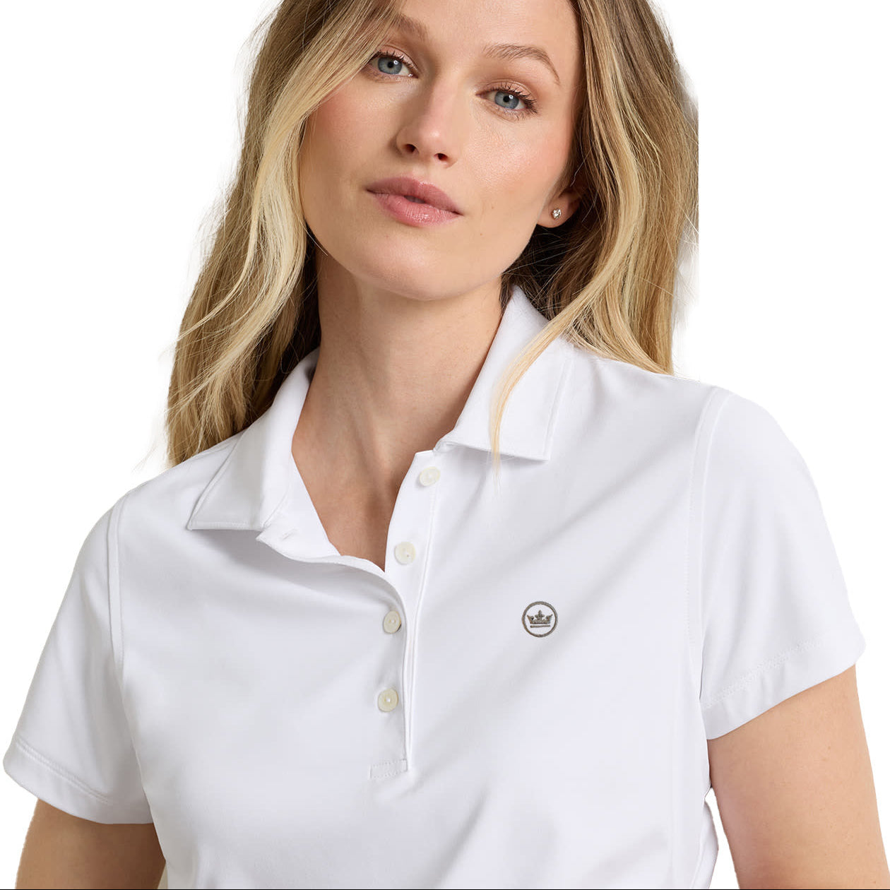 A woman wearing a white short-sleeve polo shirt with a three-button placket and a small circular chest logo, photographed against a clean white background.
