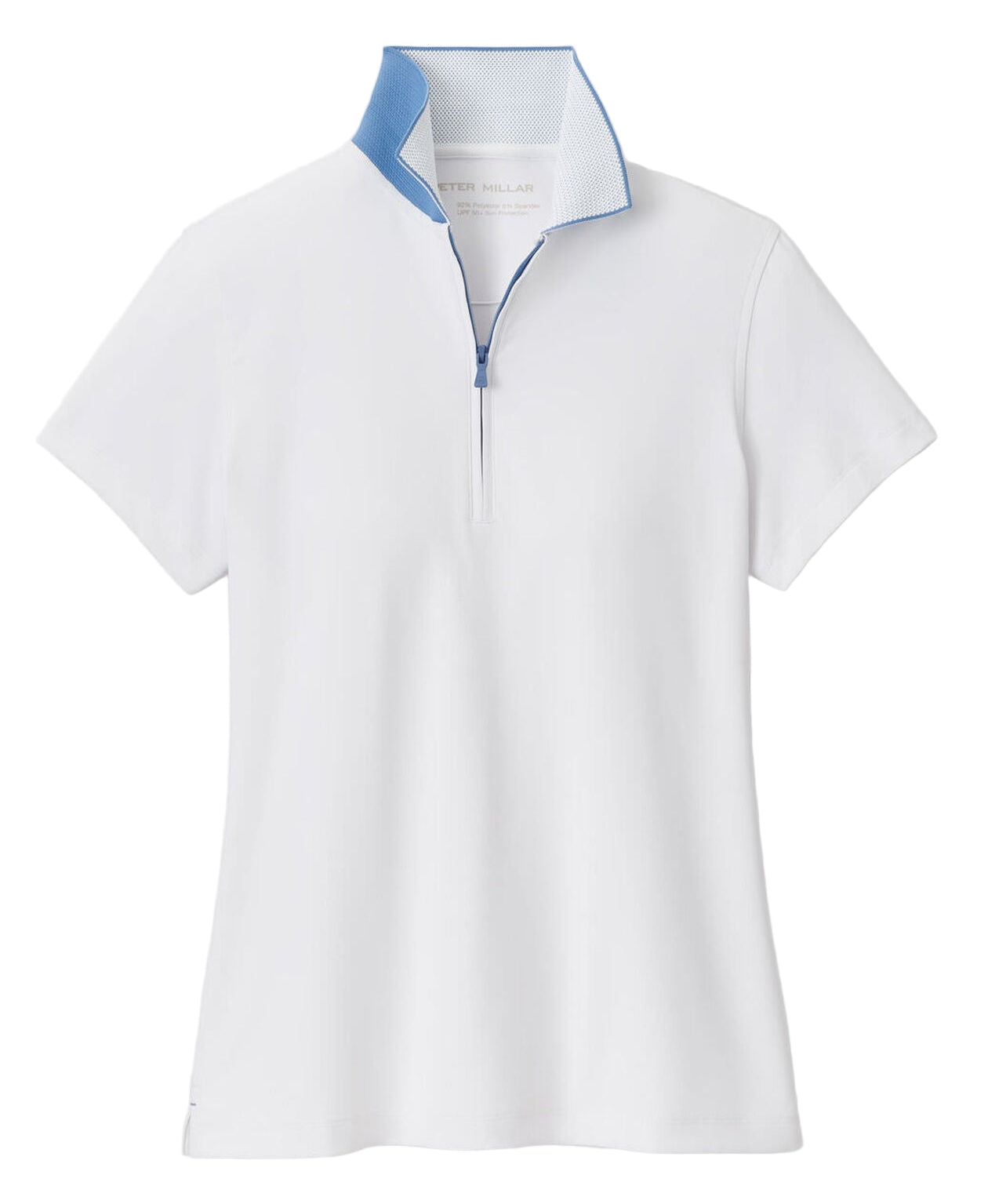 White polo shirt with blue collar on a white background