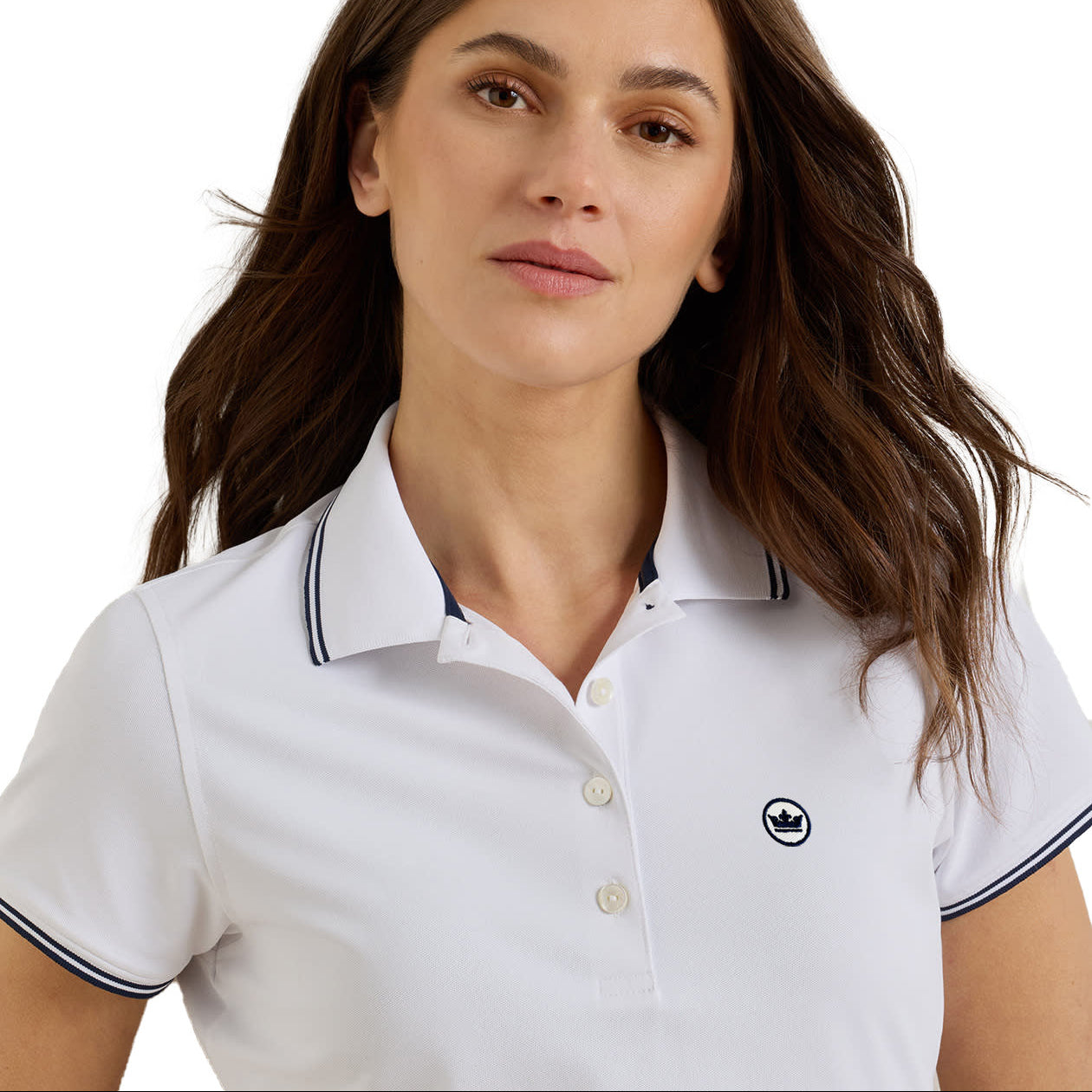 ladies peter millar golf polo white with navy crown