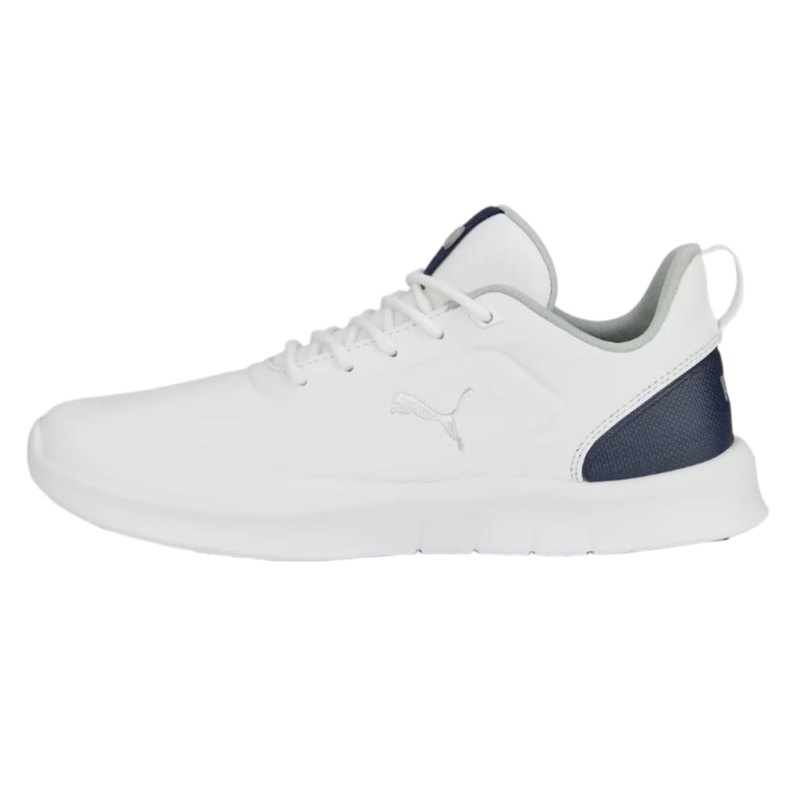 A white Puma Laguna Fusion women's golf shoe with a blue accent on the side.