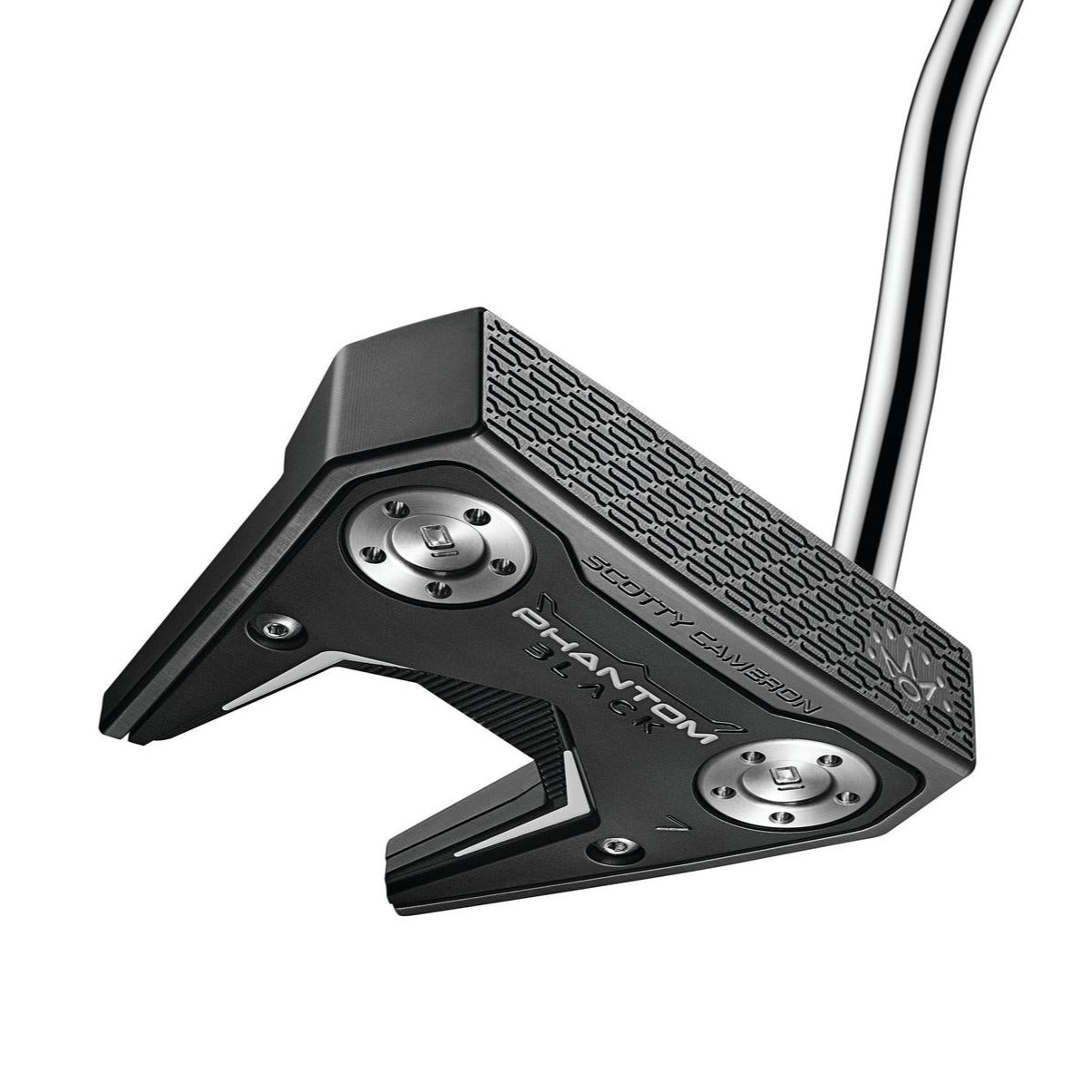 Golf putter with a black head and silver shaft on a white background