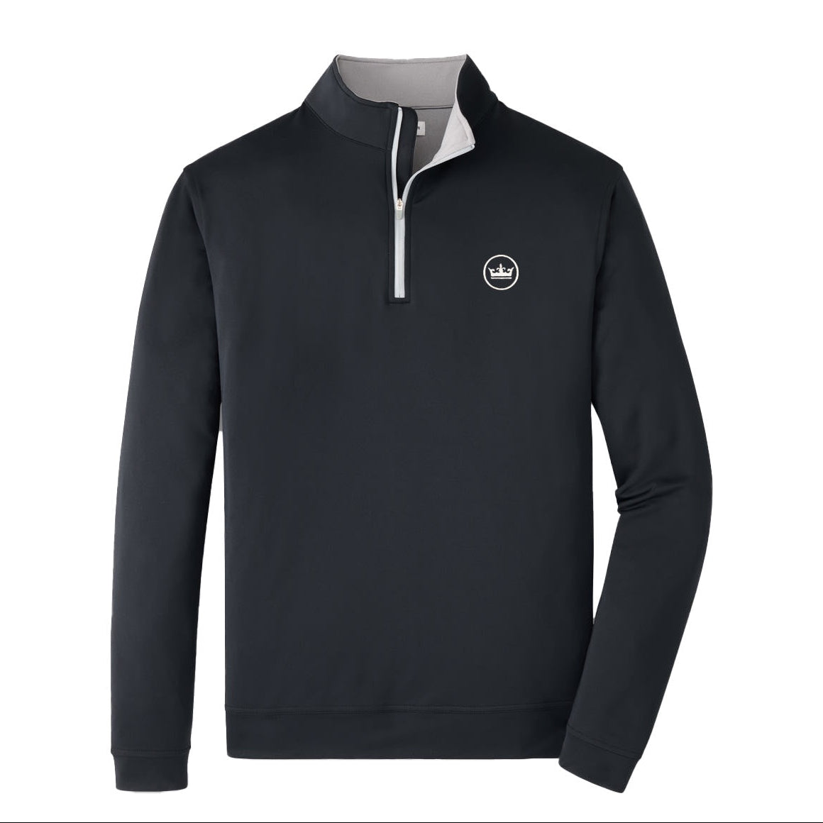 A dark navy long-sleeve quarter-zip pullover sweatshirt with a light gray inner collar and a small white circular logo on the left chest, displayed on a clean white background.