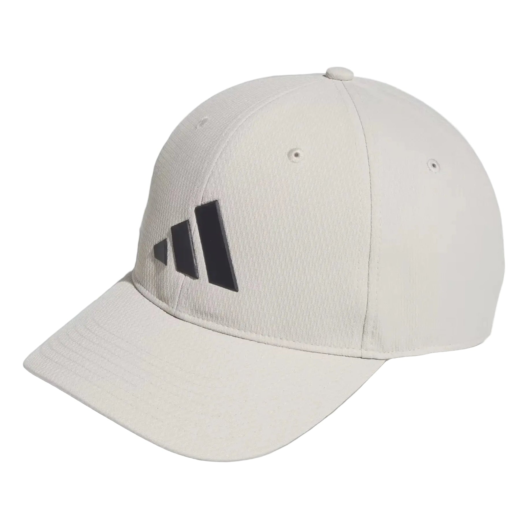 Beige cap with black Adidas logo on a white background