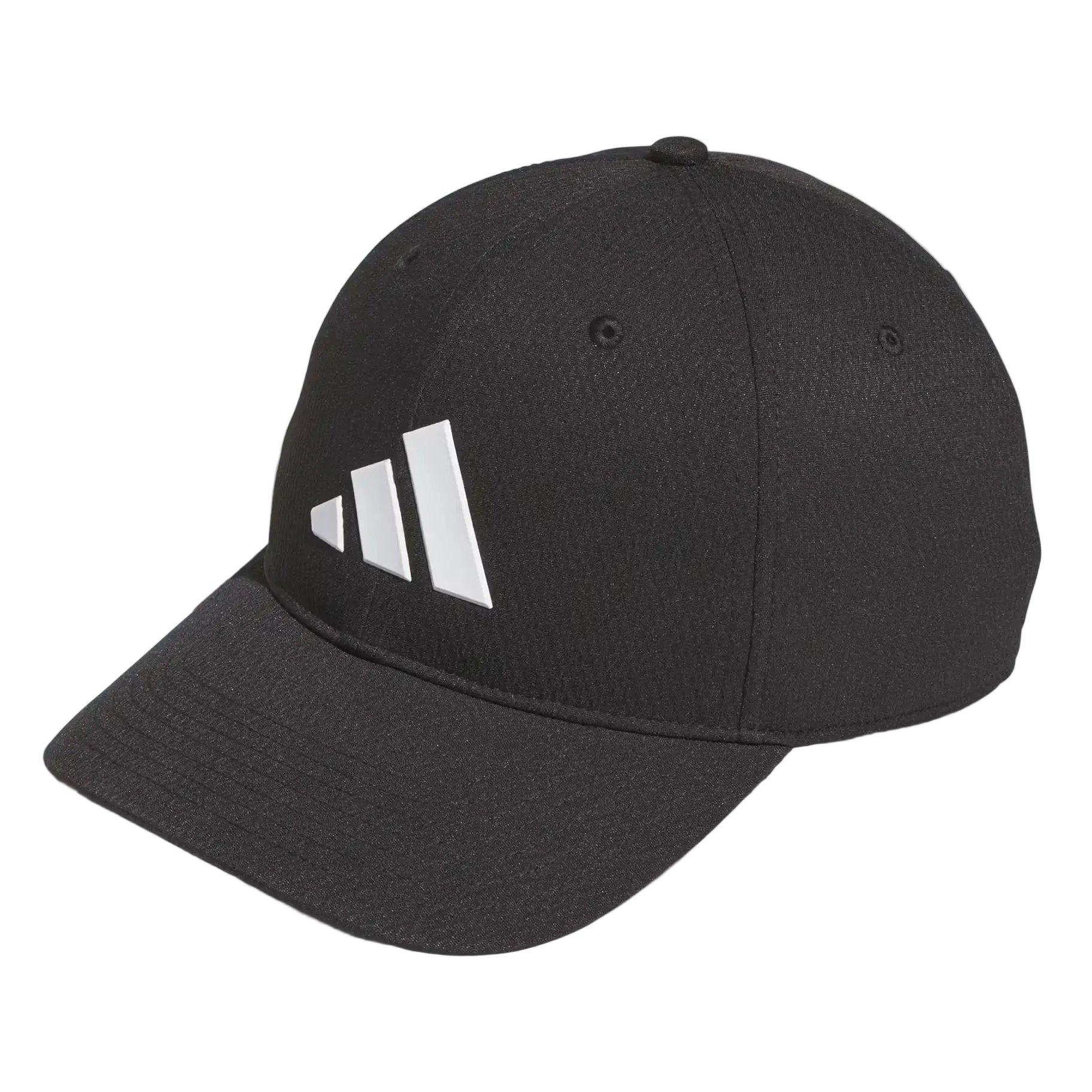 Black cap with white Adidas logo on a white background