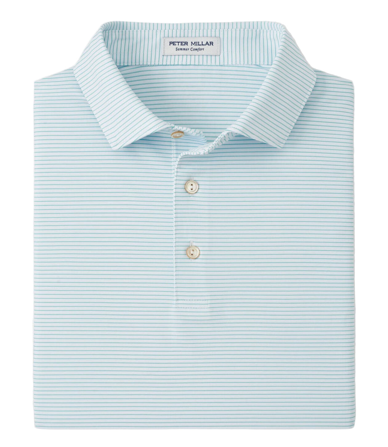 Light blue striped polo shirt with Peter Millar label on a white background