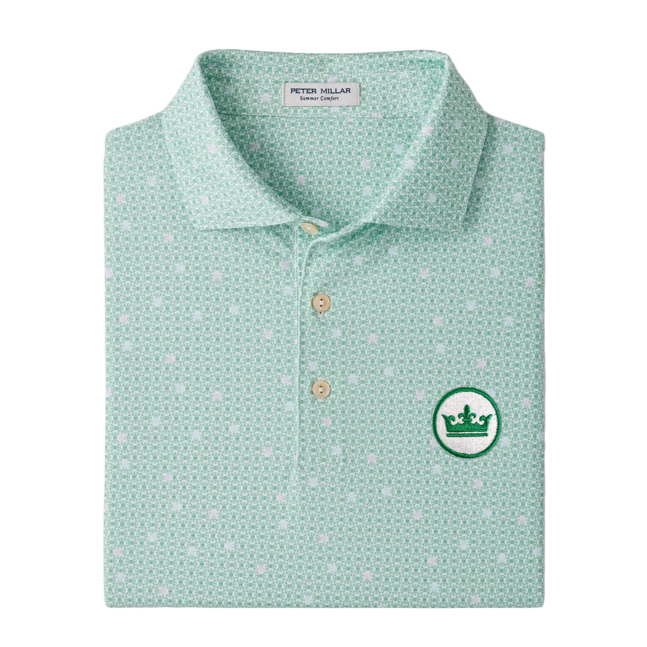 peter millar golf polo light green with skull pattern stripped with crown logo