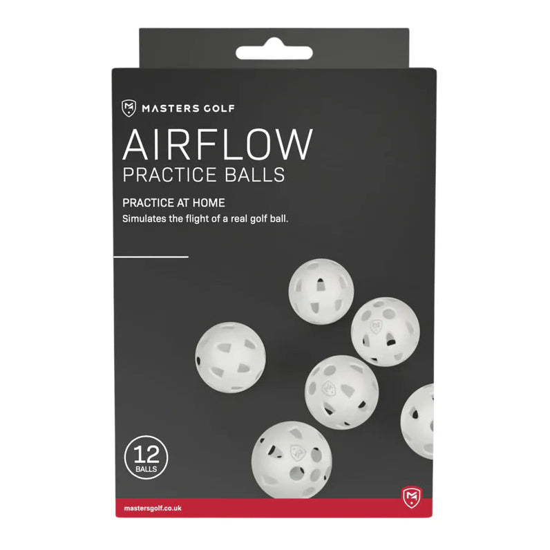 Packaging of Masters Golf Airflow practice balls on a white background