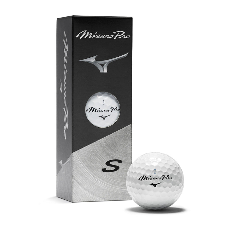 A sleeve of Mizuno Pro S golf balls with one ball placed in front of the packaging. The packaging is predominantly white with the Mizuno logo and the product name visible.