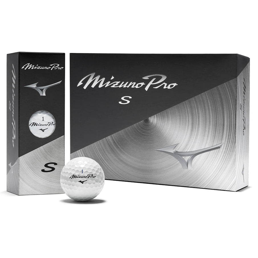 A dozen Mizuno Pro S golf balls with a single ball in front of a box displaying the Mizuno logo.