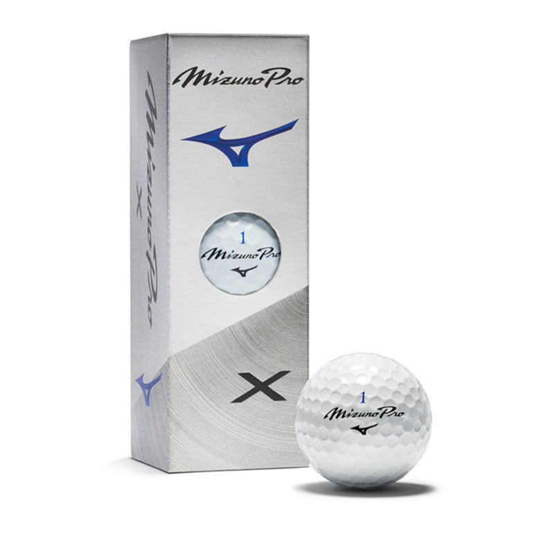 A sleeve of Mizuno Pro X golf balls with one ball placed in front of the packaging. The packaging is predominantly white with blue and black text and the Mizuno logo.