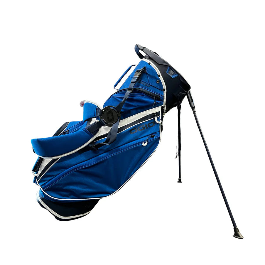 Blue golf bag with stand on a white background
