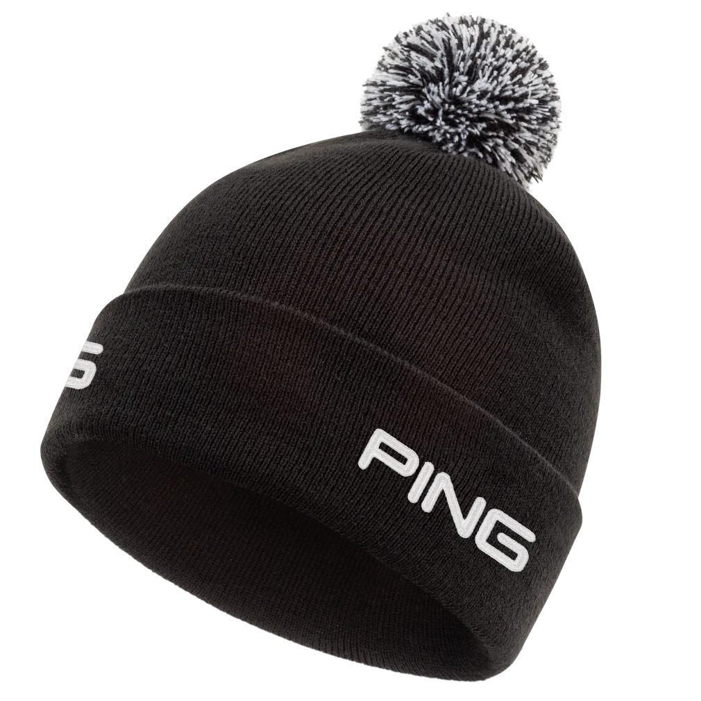 Black beanie with pom-pom and 'PING' logo on a white background