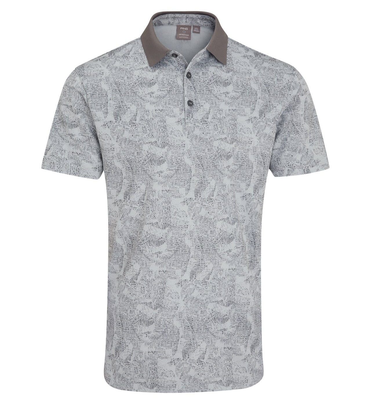 A polo shirt with a leaf pattern in gray, rock (a shade of blue) and navy colors.