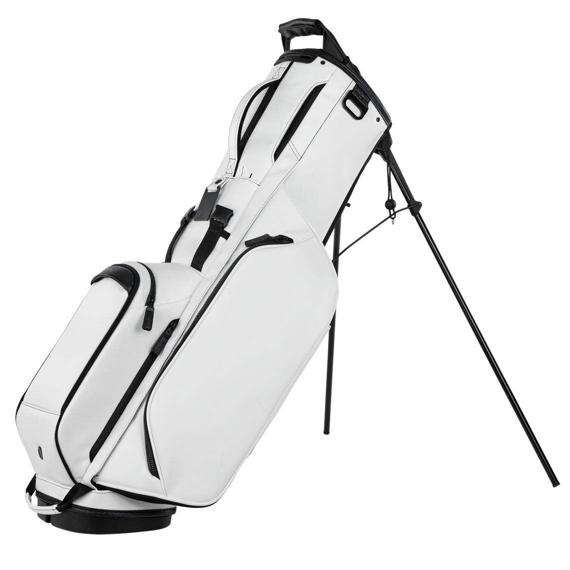 White golf bag with black accents on a white background