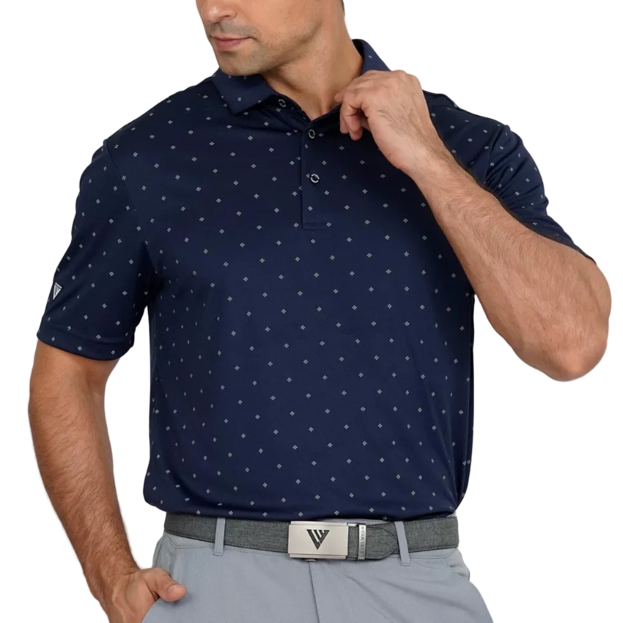 mens golf polo in navy with pattern