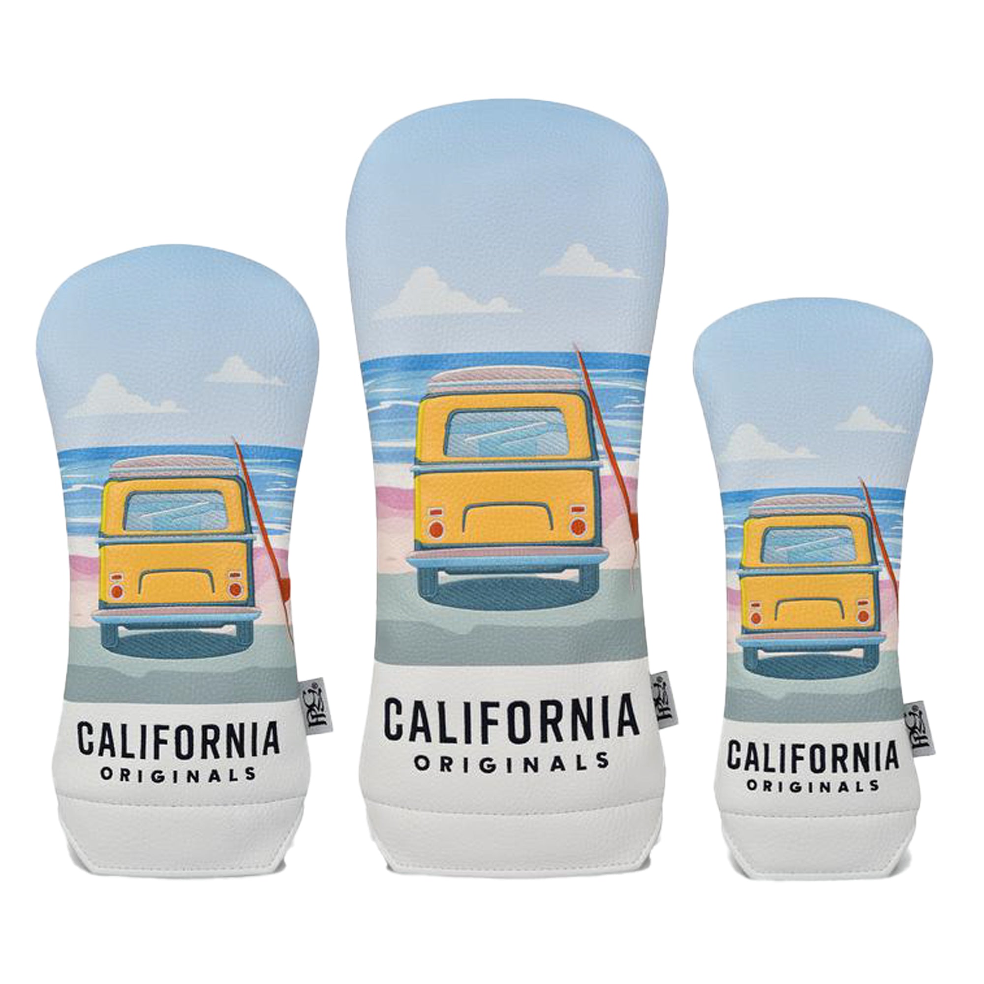 Three golf club head covers with a yellow van design and 'California Originals' text on a white background.