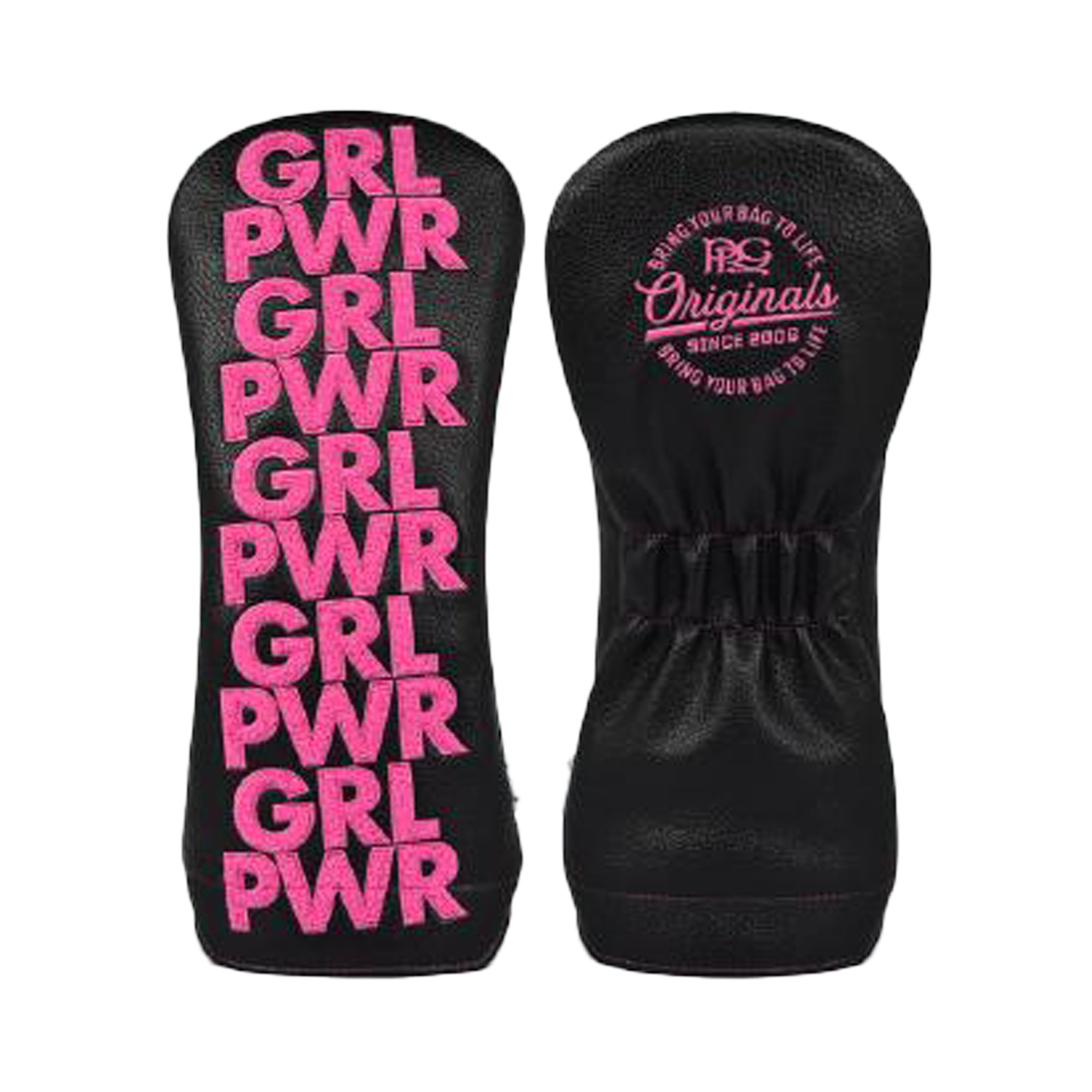 Black golf club head covers with pink 'GRL PWR' text on a white background