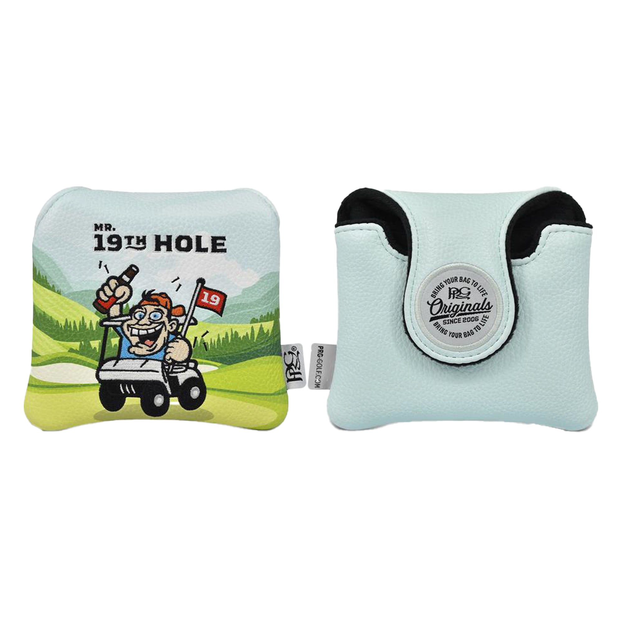 Golf-themed product with cartoon character and 'Mr. 19th Hole' branding on a light blue background.