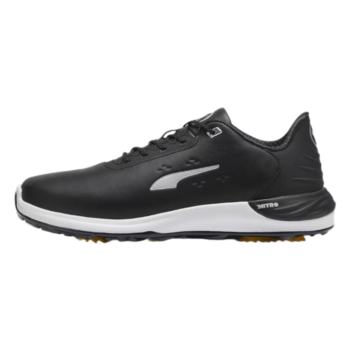 A black Puma Phantomcat Nitro golf shoe with a white sole and orange accents, featuring a lace-up closure and a round toe style.