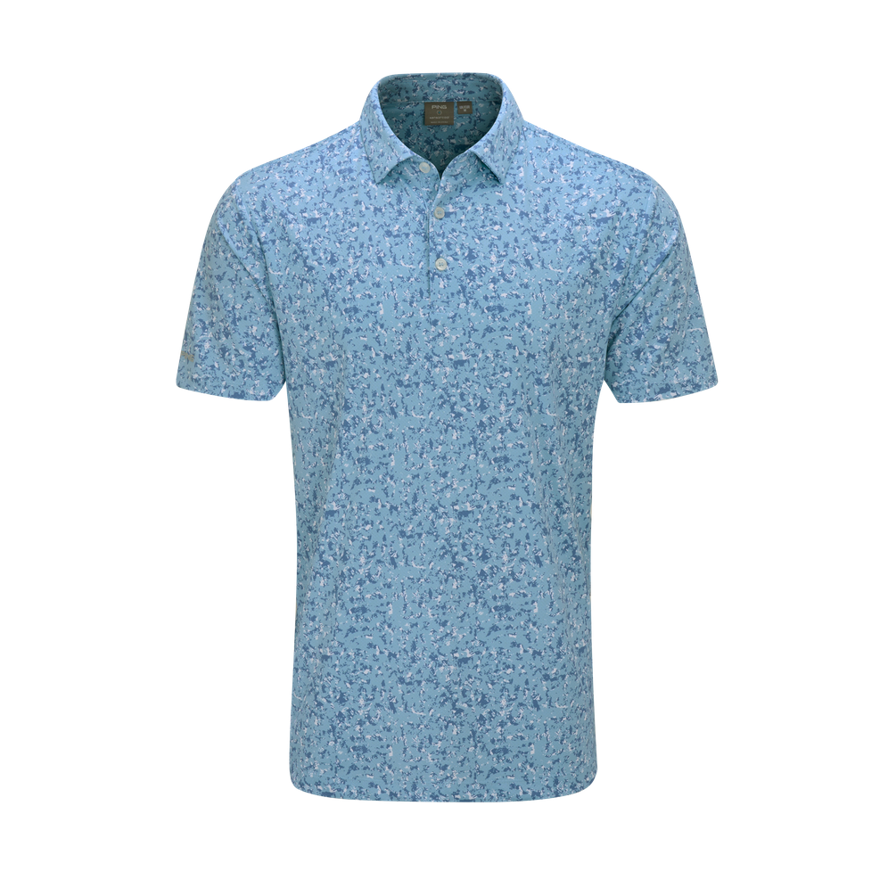 A light blue short-sleeve polo shirt with a dense, fine speckled pattern in darker blue and white, shown on a plain white background.