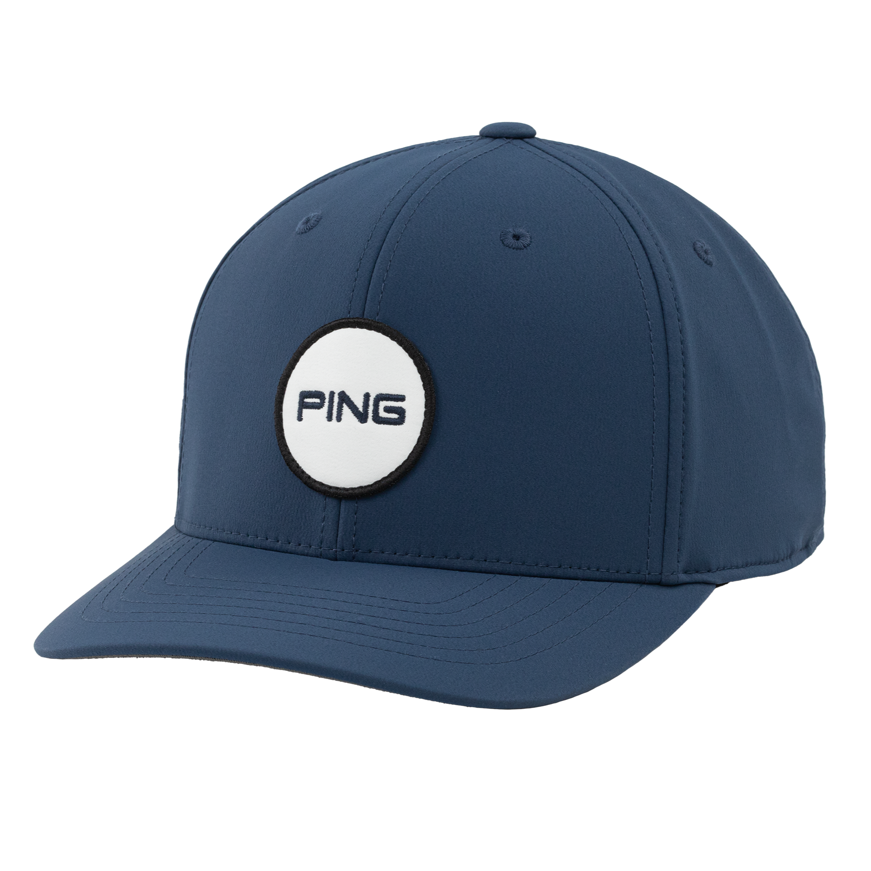 A navy blue Ping patch cap with an adjustable closure and a white Ping logo on the front.