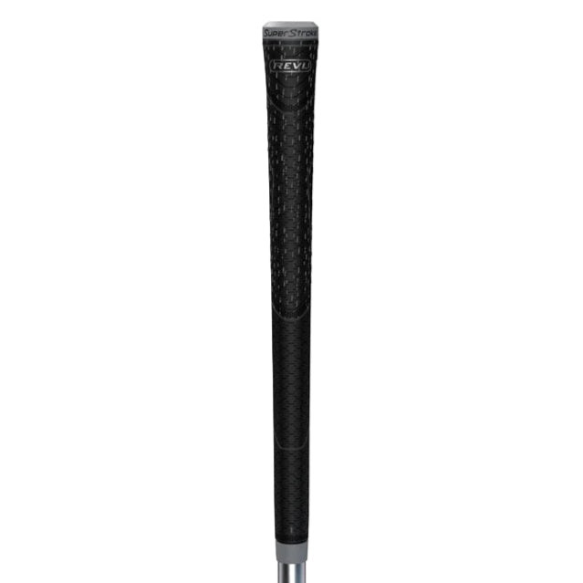 Black golf club grip with 'REV' branding on a white background