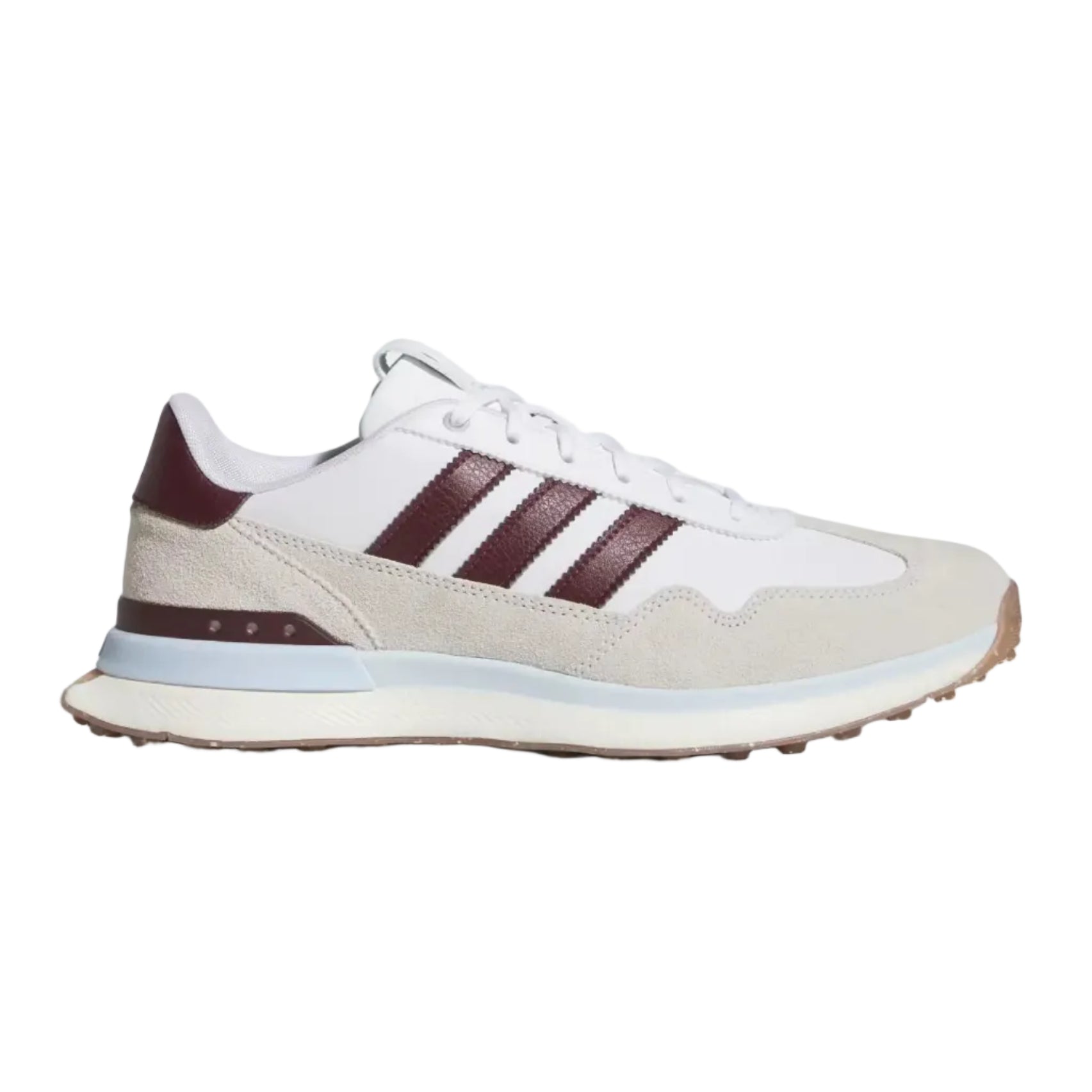 adidas white golf shoes with maroon stripes