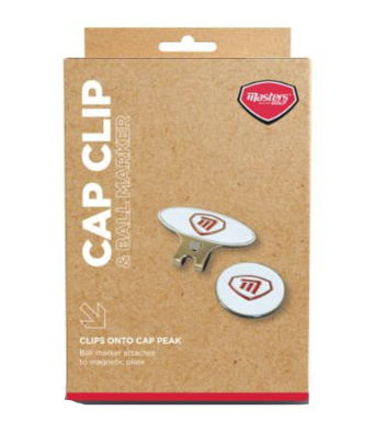 Packaging of Masters Cap Clip and Golf Ball Marker, displaying the product which appears like a cap clip with a magnetic ball marker attached to it.