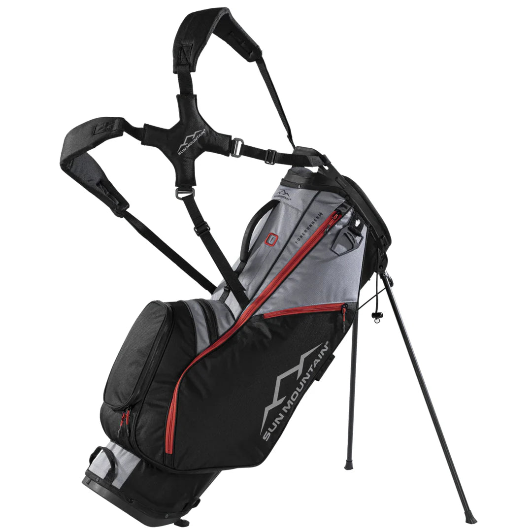Black and gray golf bag with red accents on a white background
