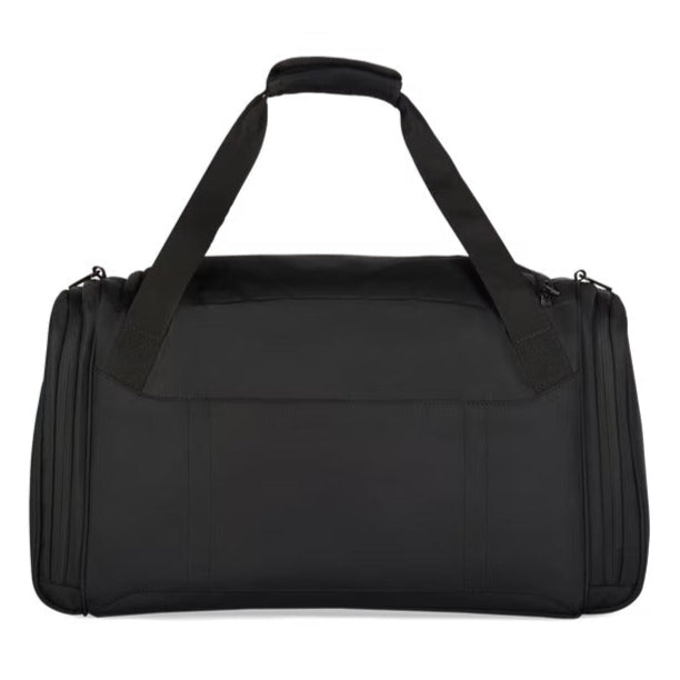 Black duffel bag with a strap on a white background