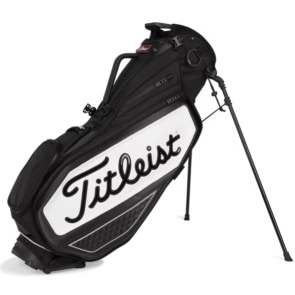 Black and white Titleist golf bag on a white background
