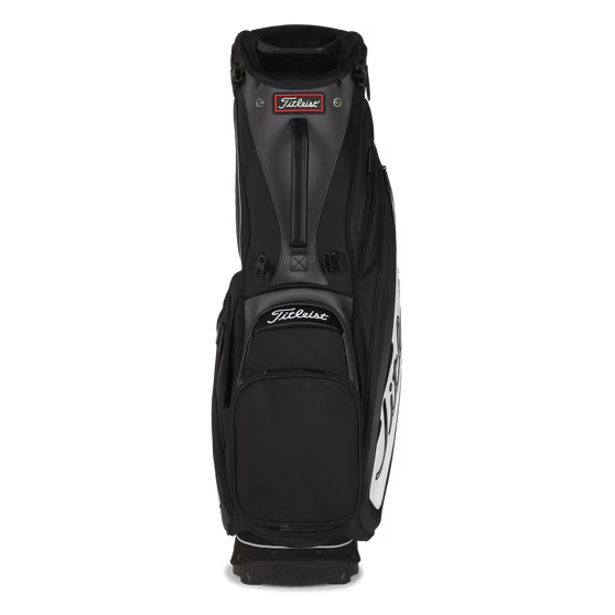 Black golf bag with Titleist logo on a white background