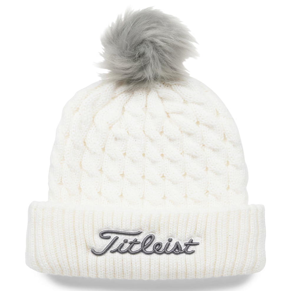 White knit beanie with gray pom-pom and Titleist logo on a white background