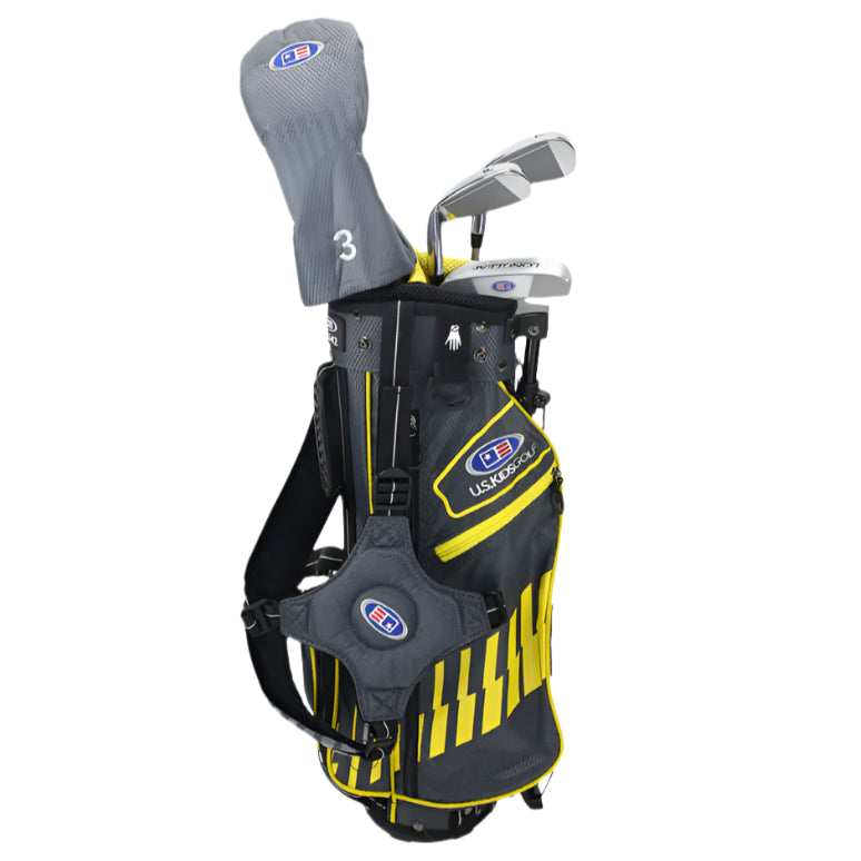 Golf bag with clubs and a golf club head cover on a white background