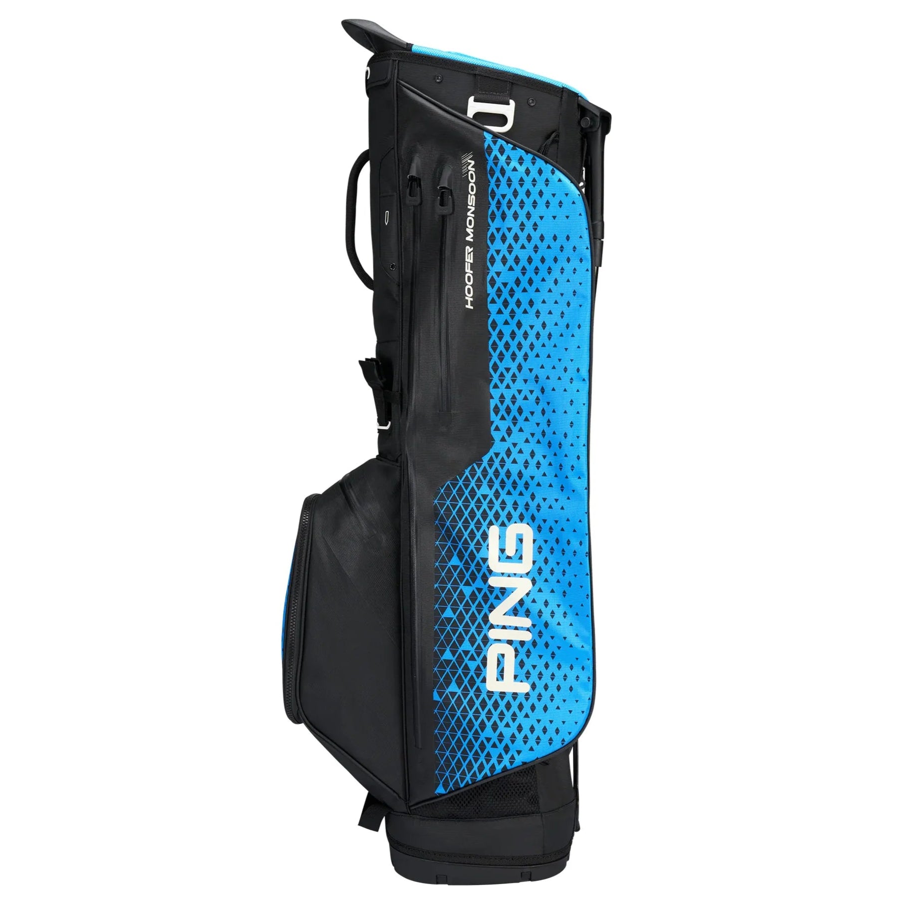 Blue and black golf bag with PING logo on a white background