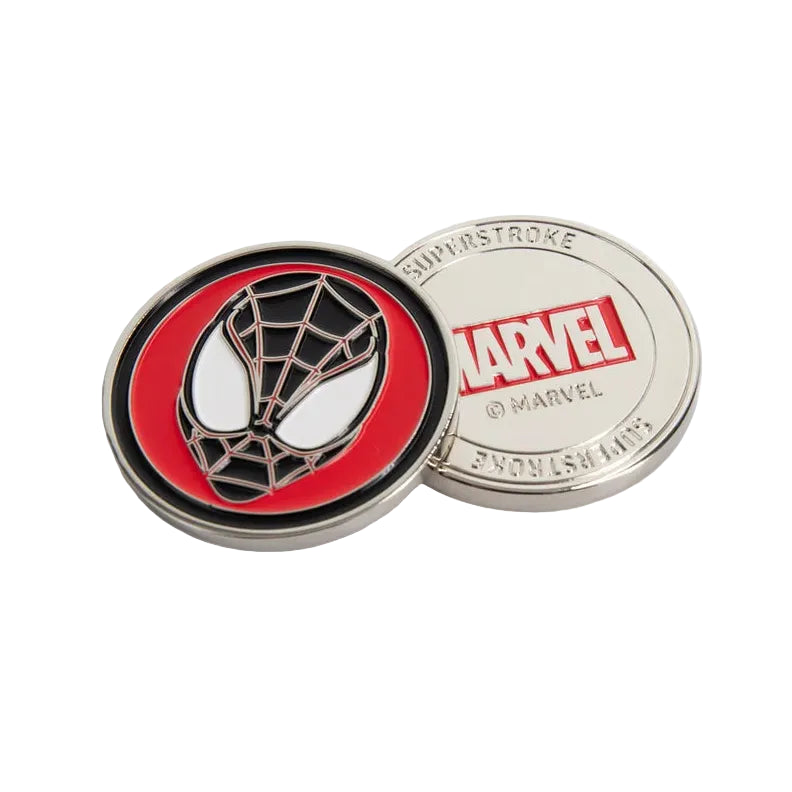 Two Marvel Spider-Man themed challenge coins on a white background, one showing the red and black Spider-Man mask and the other showing the silver side with 'SUPERSTROKE' and 'MARVEL' branding.