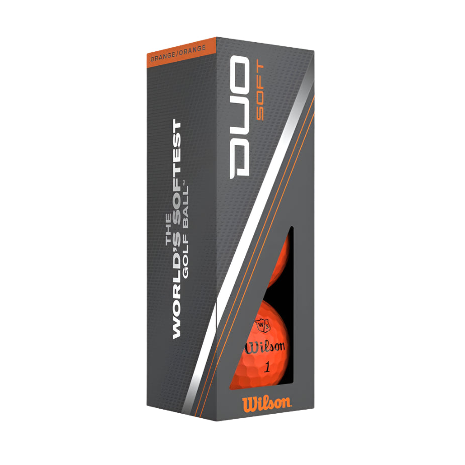 A sleeve of Wilson Staff DUO Soft Orange Golf Balls featuring a single orange golf ball visible through the box window.