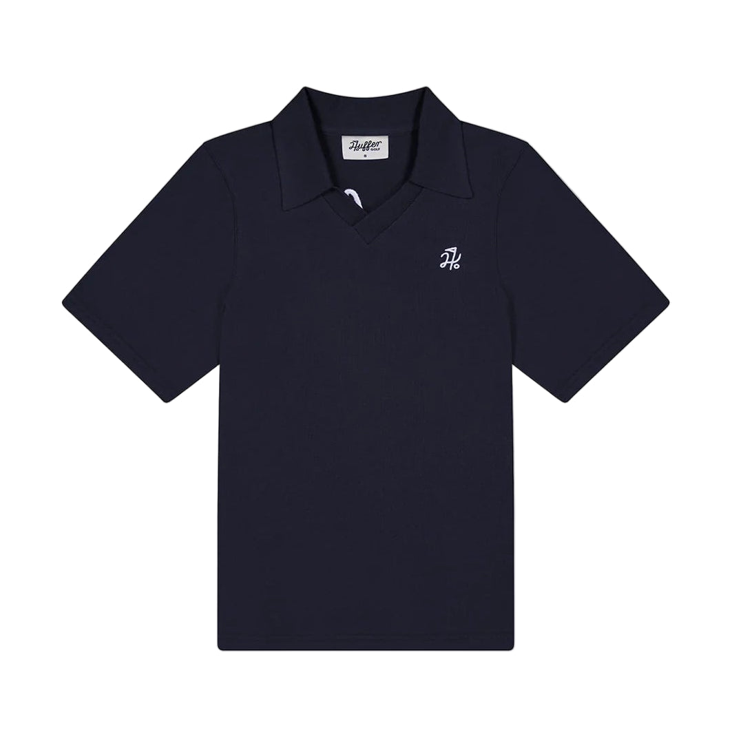 Navy blue polo shirt with a small white logo on a light gray background