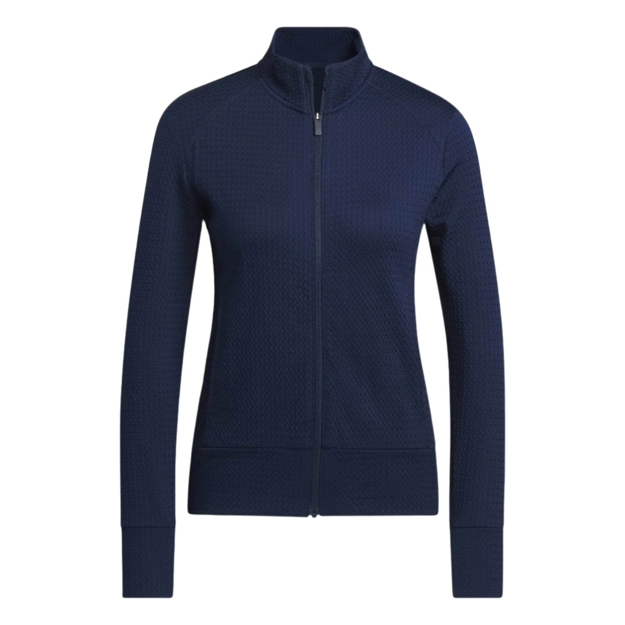 Navy blue zip-up jacket on a light gray background