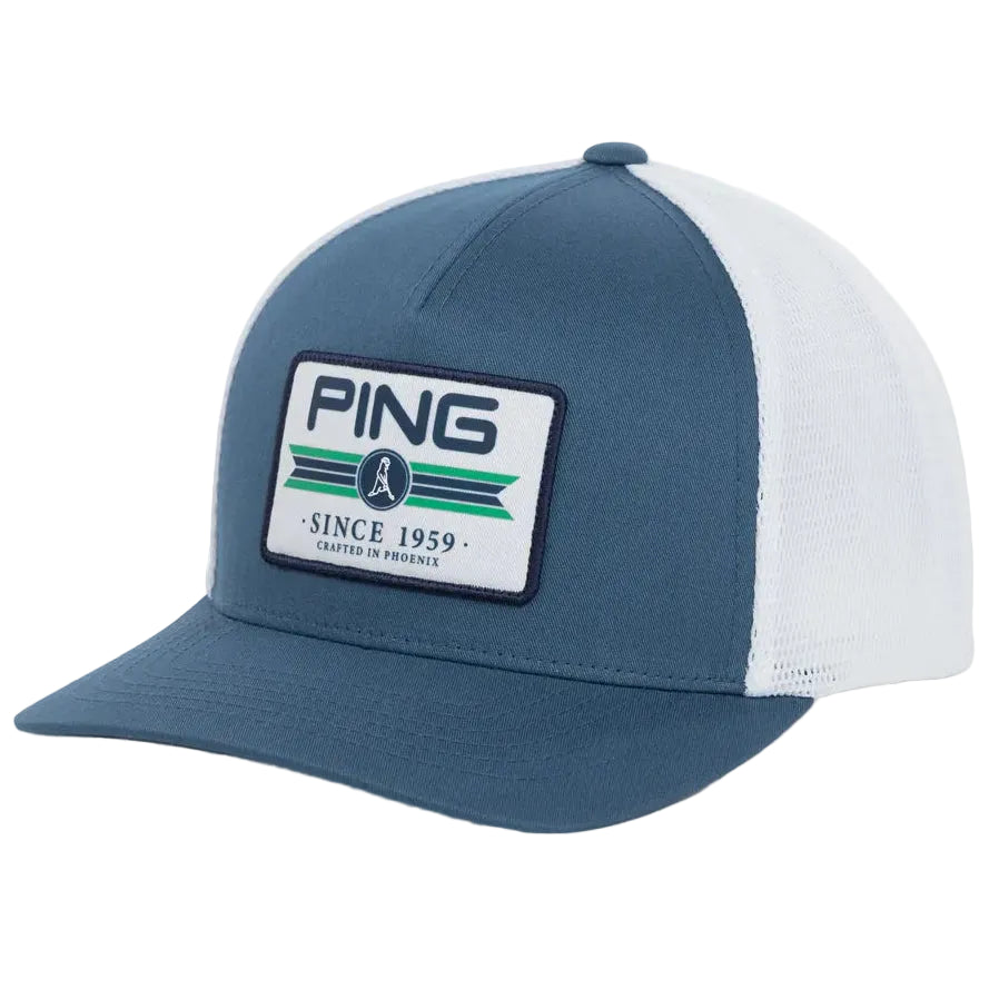 Blue and white cap with a Ping logo on a white background