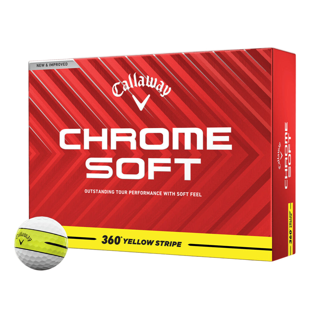 Callaway Chrome Soft golf ball packaging with a golf ball on a white background
