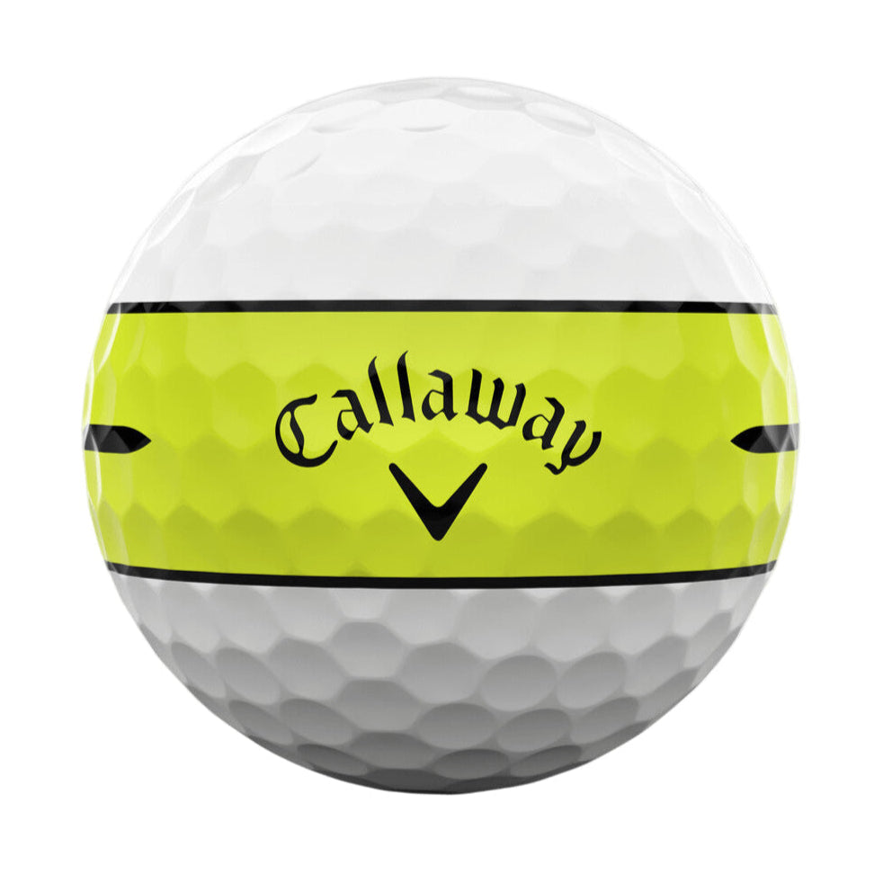 Callaway golf ball with yellow and white design on a white background