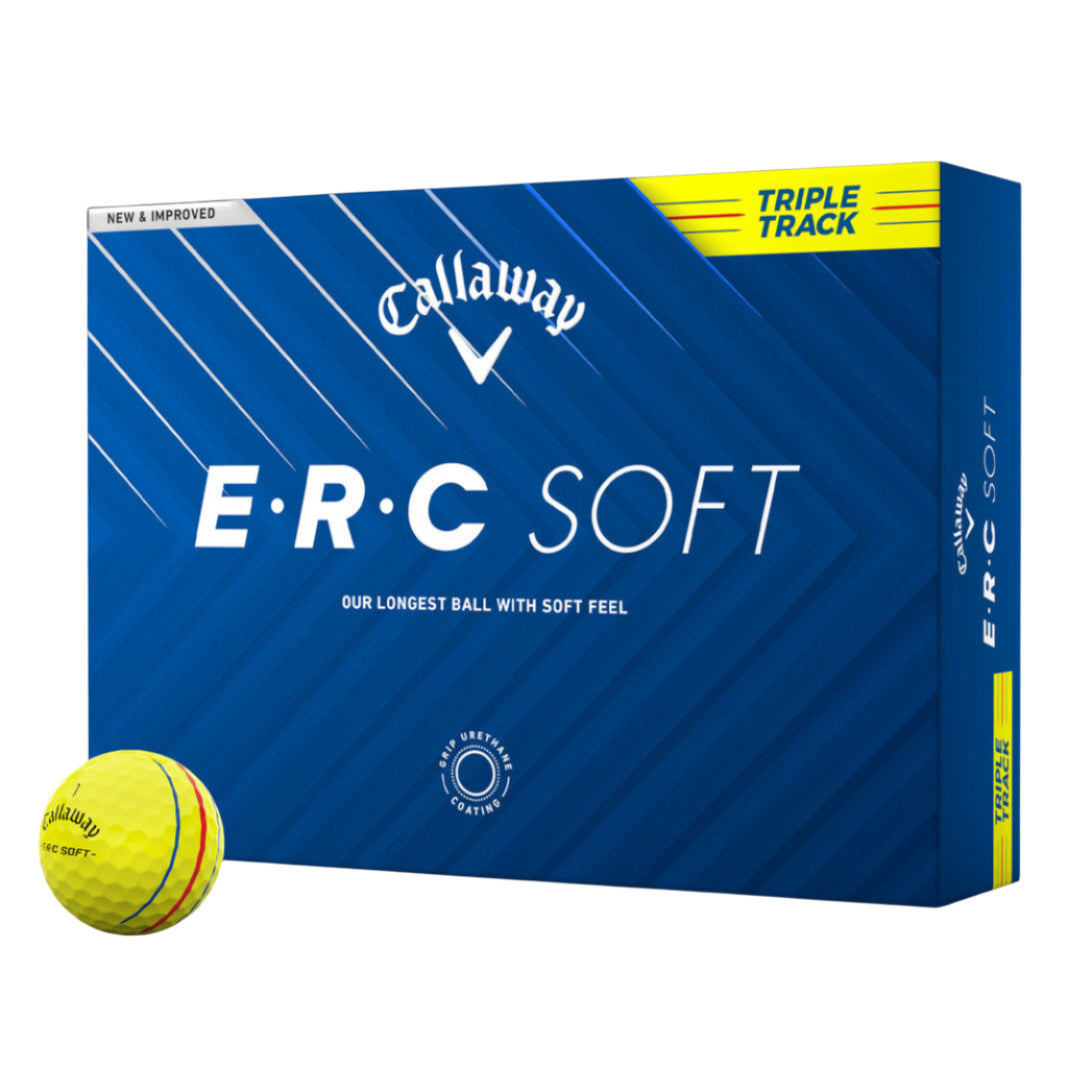 Callaway ERC Soft golf ball box with a yellow golf ball on a white background
