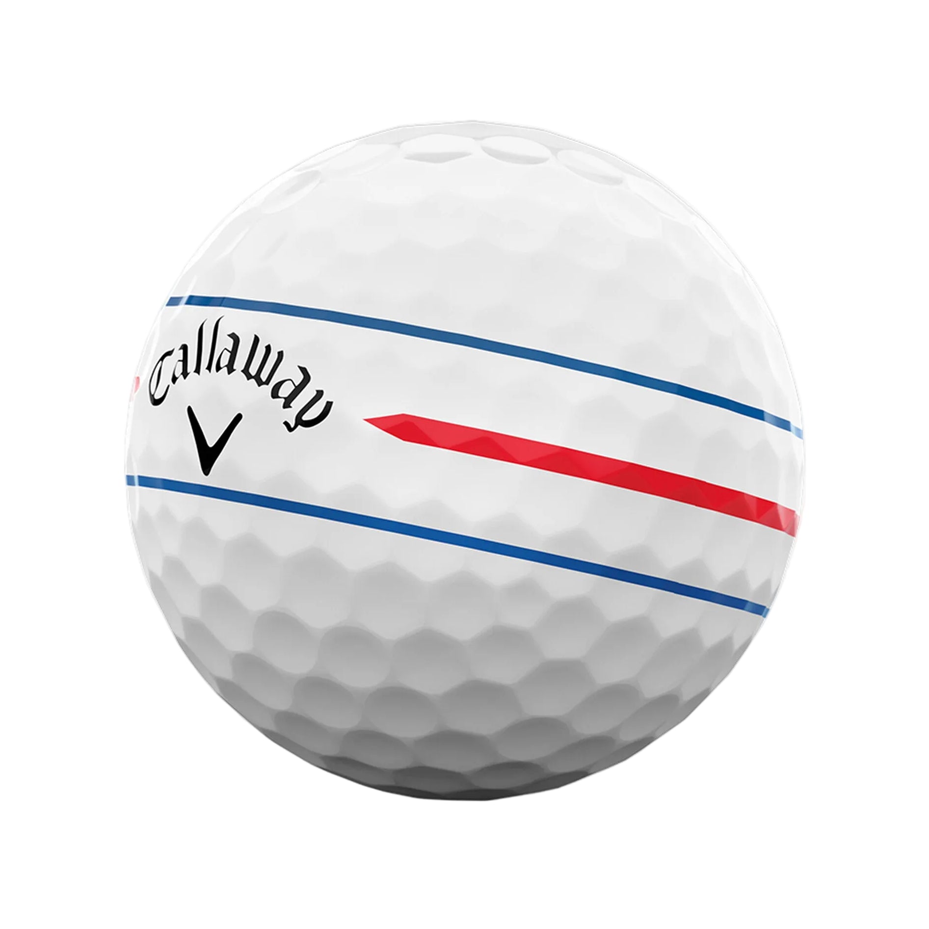 Callaway golf ball with red and blue stripes on a white background