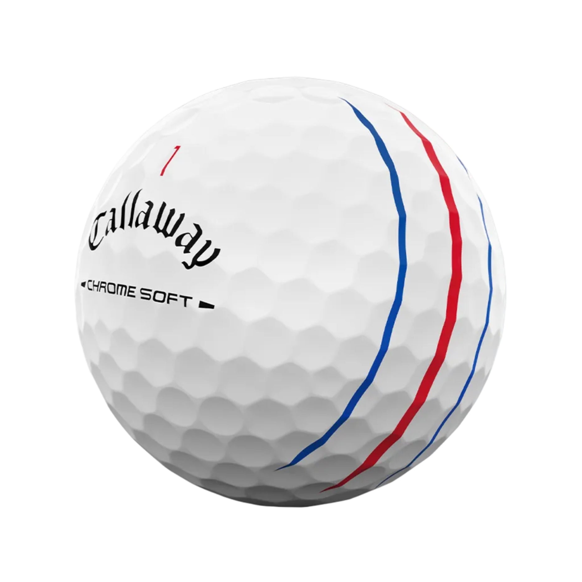 Callaway Chrome Soft golf ball with red and blue stripes on a white background