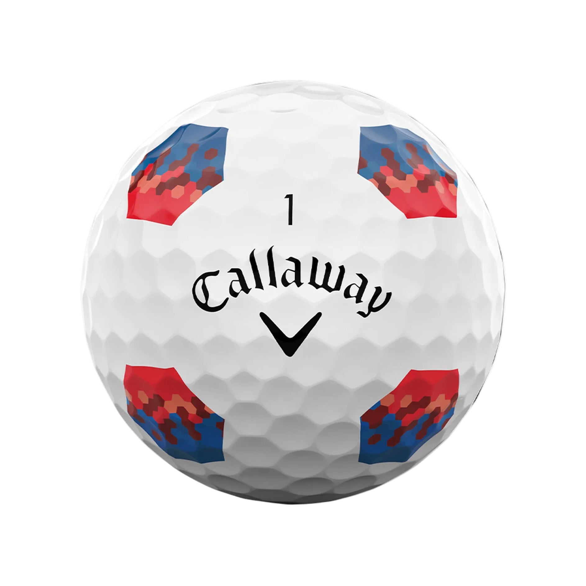 Callaway golf ball with red and blue pattern on a white background