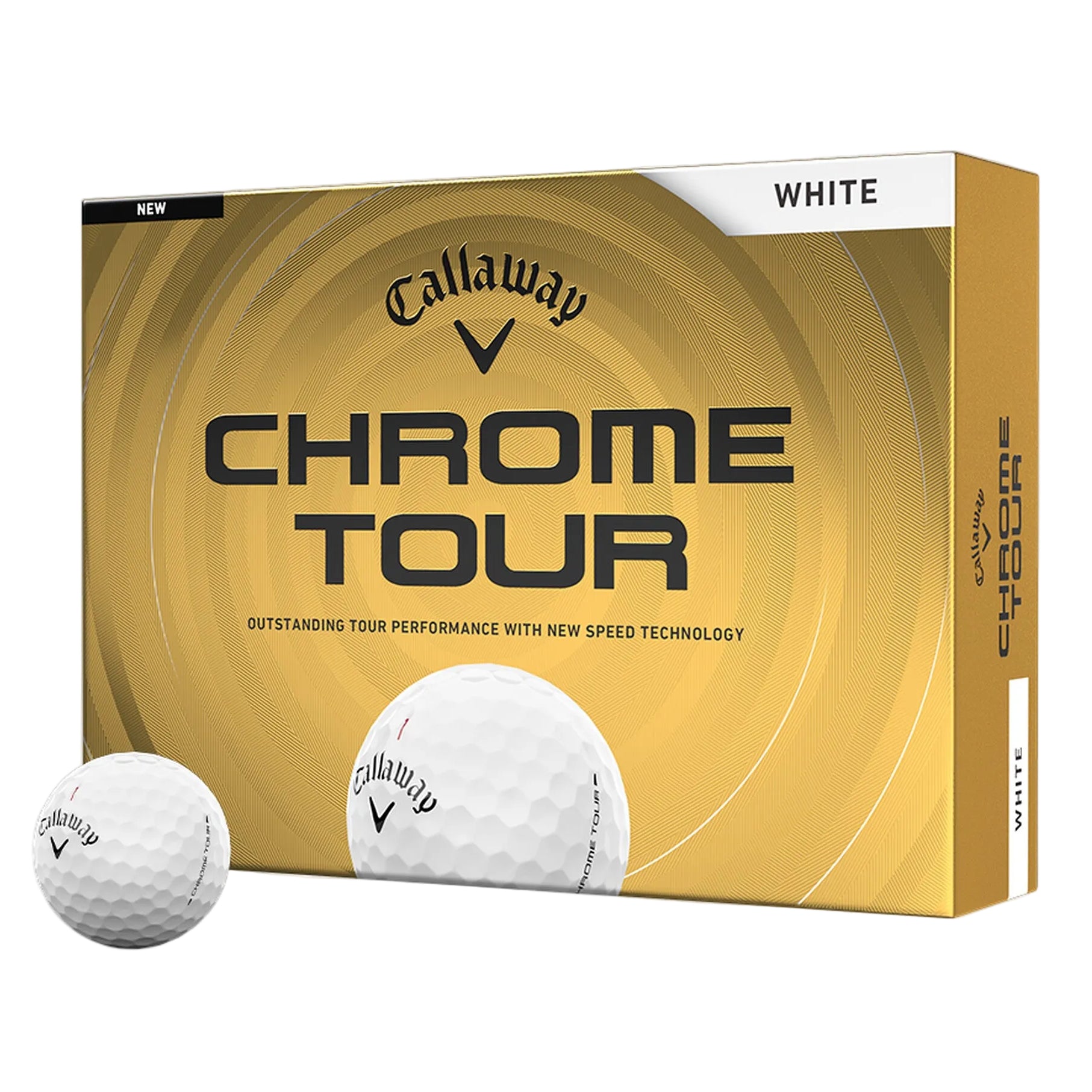 Callaway Chrome Tour golf ball packaging with a golf ball in front on a white background